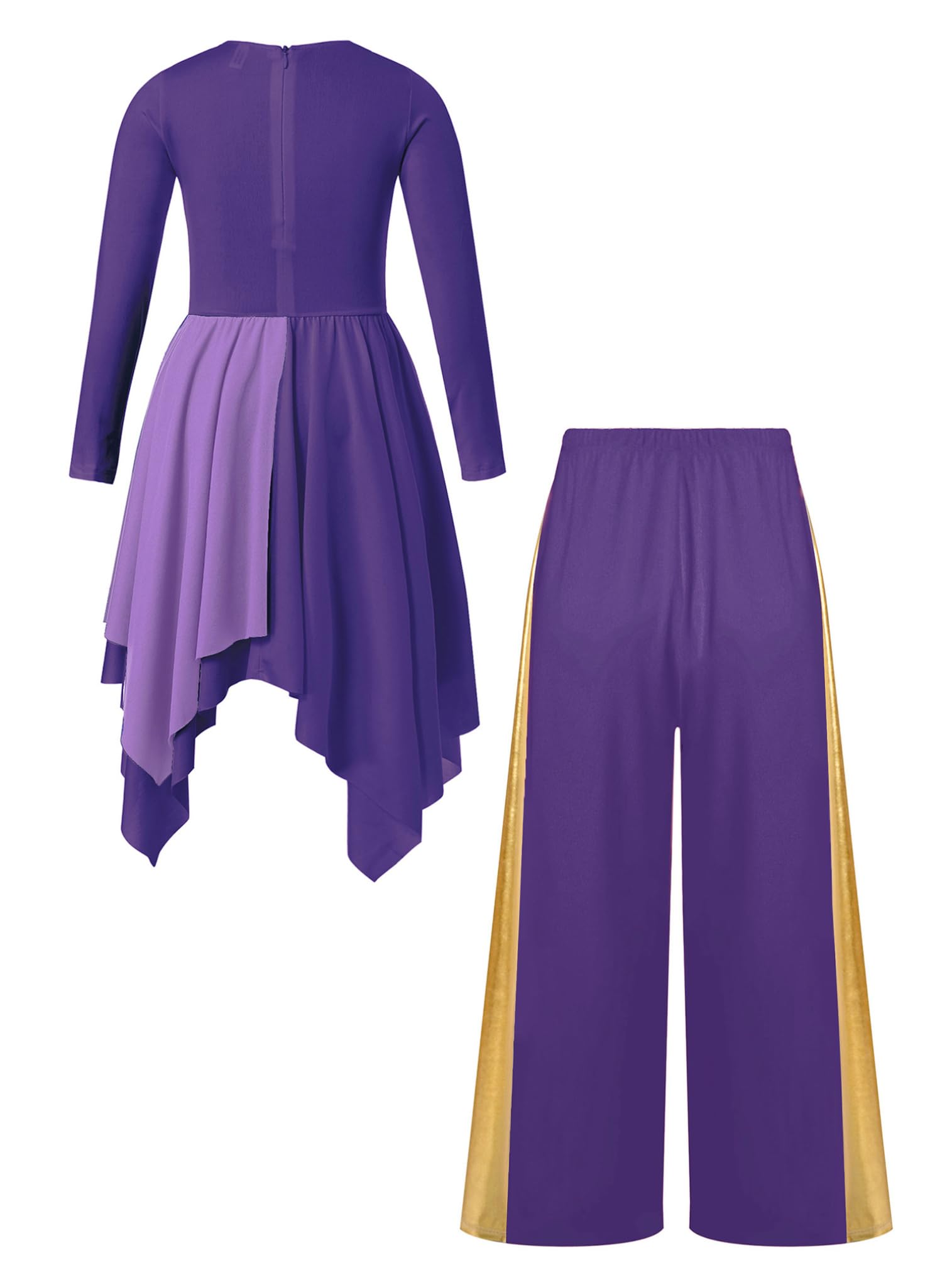 easyforever Kids Girls Long Sleeve Praise Asymmetrical Tunic Dance Dress Lyrical Worship Church Robe with Wide Leg Pants Purple 12 Years