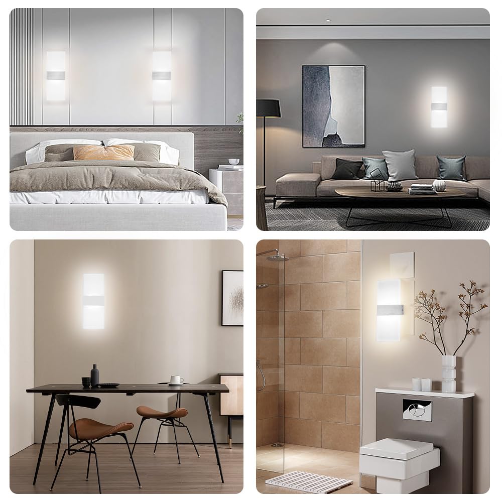 2 piezas Aplique Pared Interior LED Lámpara de Pared Moderna Luz Blanca 6500K 12W Aplique Acrílico Aplique Pared Luz Arriba y Abajo Interior para Dormitorio Salon Pasillo Escalera