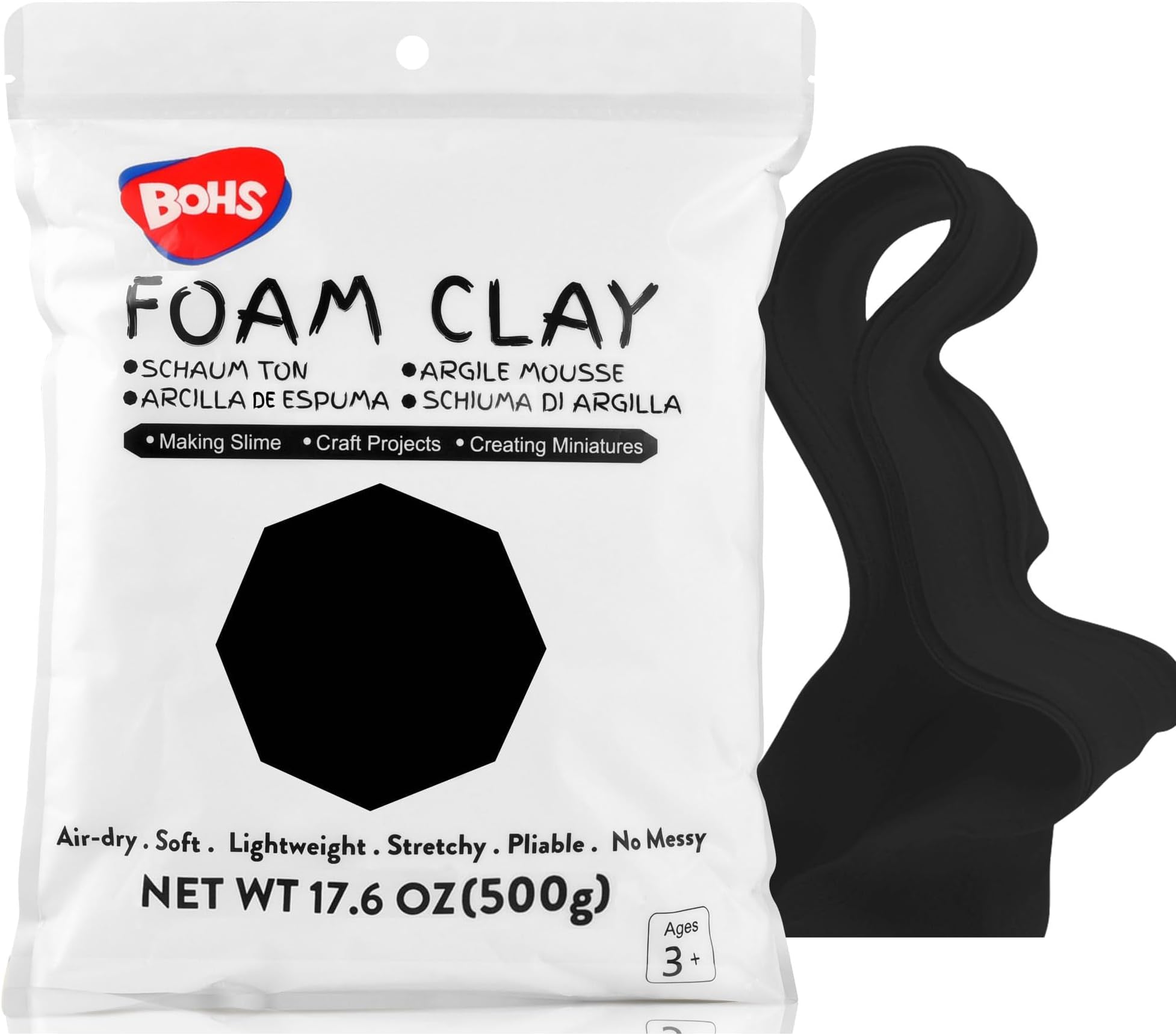 BOHS Black Modeling Foam Clay - 1.1 Lbs, Air Dry,Crack-Free,Non-staining -for Figures & Sculptures,Cosplay, Kids Education, Slime Add-ins, 500g