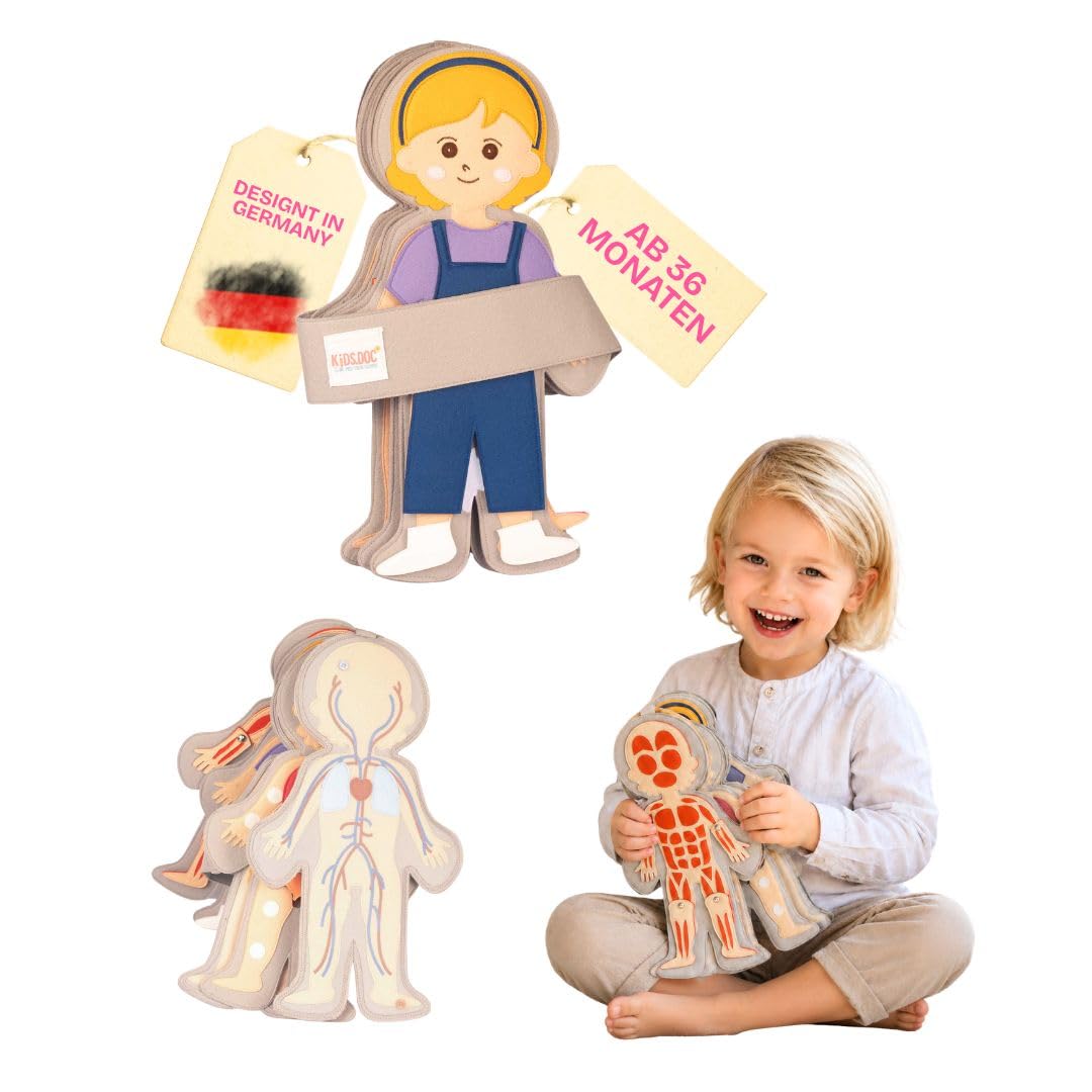 Jolly Designs Travel Buddy „Mein Körper – Mädchen“ – Interaktives Lernspielzeug zum menschlichen Körper – Montessori Spielzeug aus Filz – Fördert Feinmotorik & Körperwissen – Ideal für unterwegs