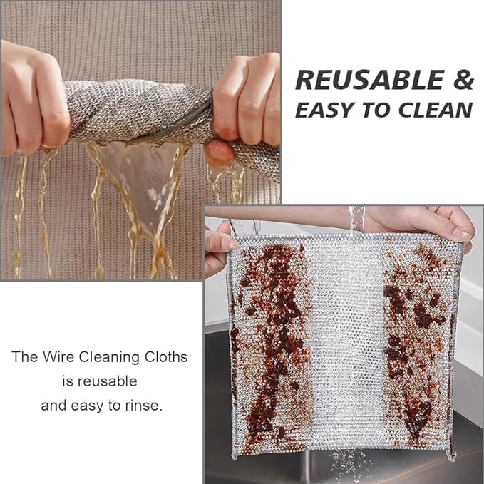 Image of Desi BAE 10 Pack Non-Scratch Wire Dishcloth & Gaps Cleaning Brush, Multipurpose Dishwashing Rags for Wet and Dry, Easy Rinsing, Reusable Cleaning Cloth for Kitchen, Sinks (10)