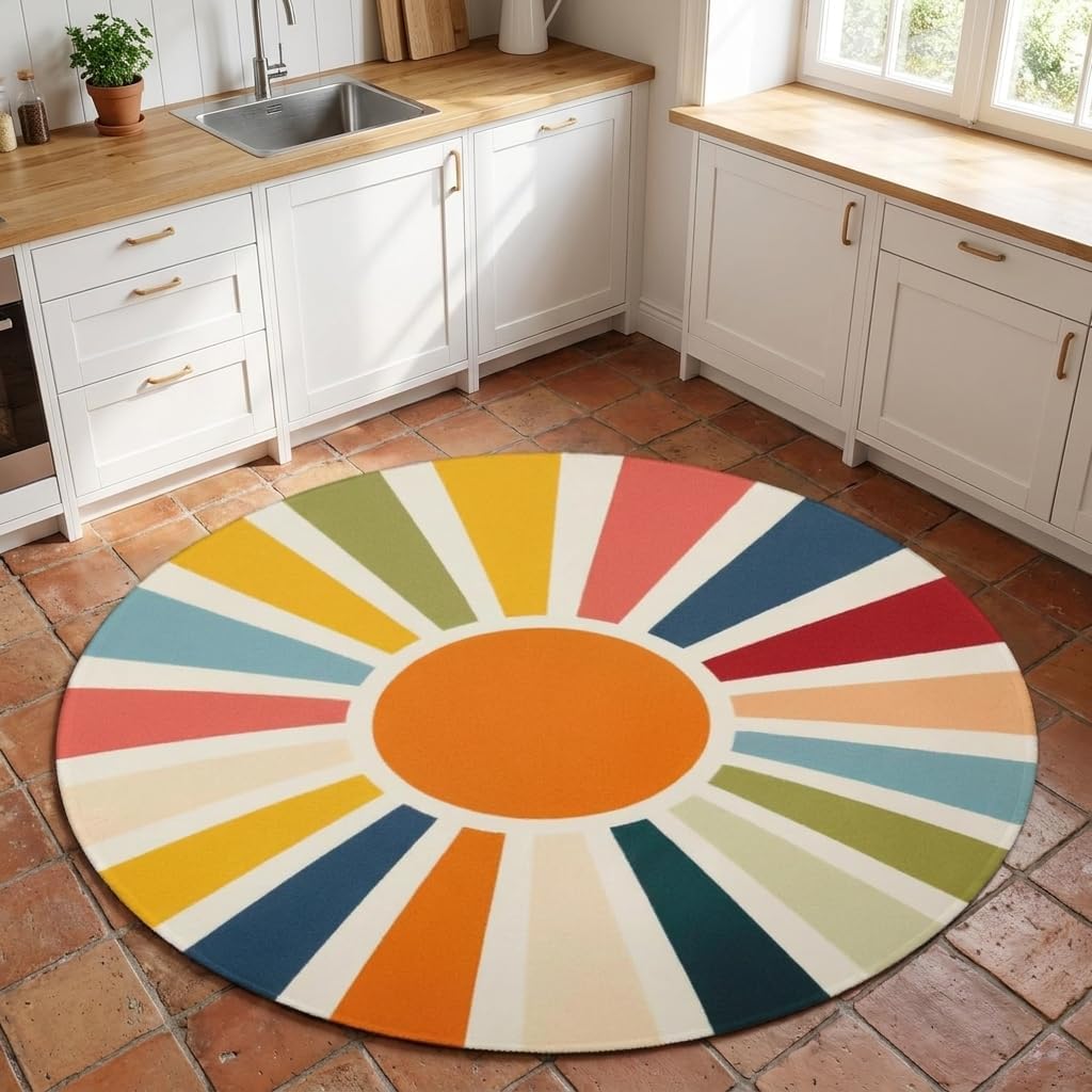 Boho Sun Round Area Rug 4ft,Machine Washable Colorful Rainbow Sunshine Round Rug Non-Slip Circle Rugs Low-Pile,Indoor Floor Carpet Mat for Living Room Bedroom Kitchen Dining Entryway