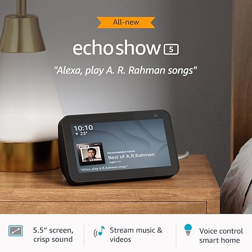 All new Echo Show 5 (2nd Gen, 2021 release) – Smart speaker with 5.5″ screen, crisp sound and Alexa (Black)