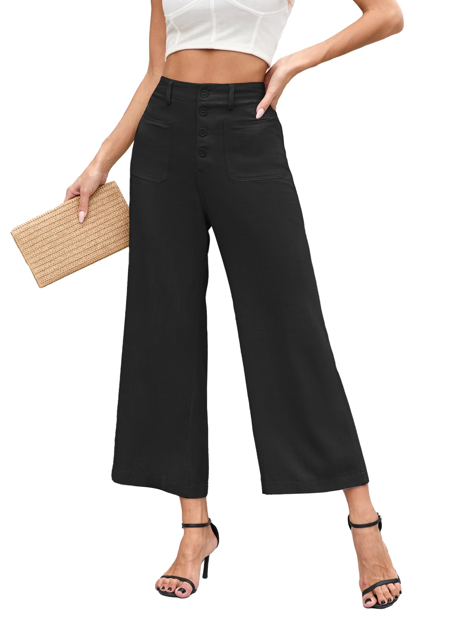 Famulily Womens Linen Pants for Summer Button Down Wide Leg Cropped Pants Casual Capri Pants with Pockets