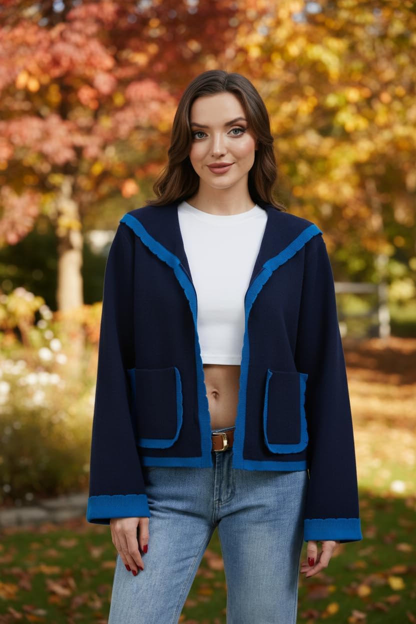 Ythomm Womens Scallop Lapel Collar Knit Cardigan Sweaters Color Block Long Bell Sleeve Open Front Fall Sweaters with Pockets - Image 2