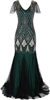 Women Vintage 1920s Gatsby Flapper Evening Party Dress V Neck Art Deco Sequins Mermaid Hem Cocktail Formal Long Maxi Gown - Buy now