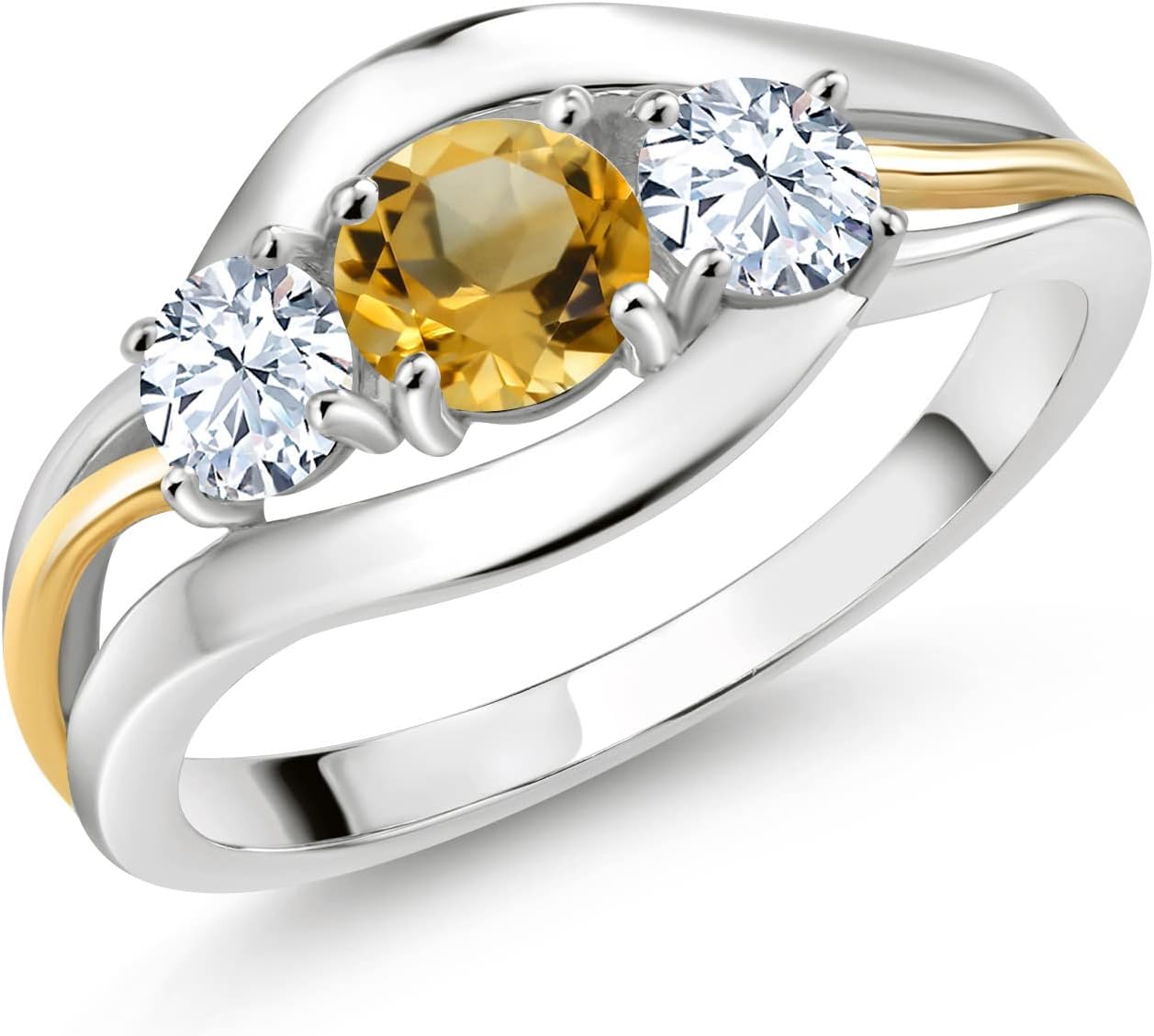 Gem Stone King 1.23 Cttw Round Yellow Citrine and White Zirconia 3-Stone Ring For Women | 925 Sterling Silver and 10K Yellow Gold | 3 Stone Wedding Engagement Anniversary Promise Ring