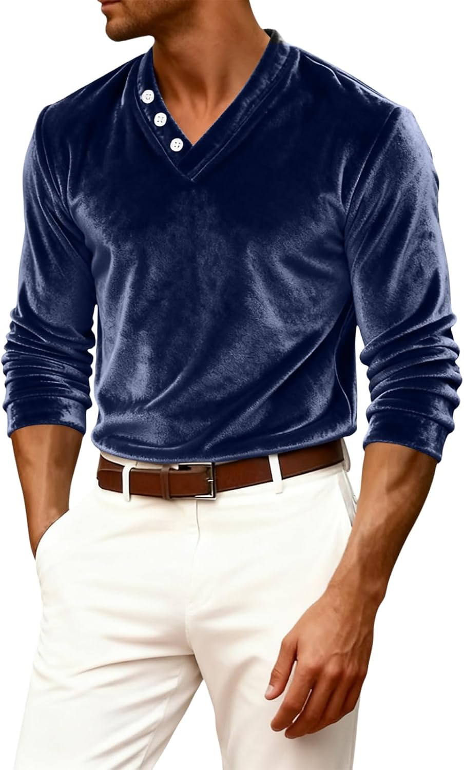 RTRDE Men's Long Sleeve V Neck Soft Casual Basic Wedding Prom Party Tops, S-2XL