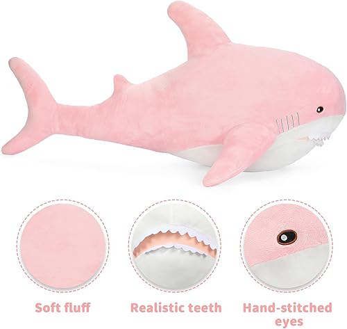 Miniatura 4 de MorisMos Almohada gigante de tiburón, juguete de tiburón de felpa, animal de peluche grande, rosa, 32 pulgadas