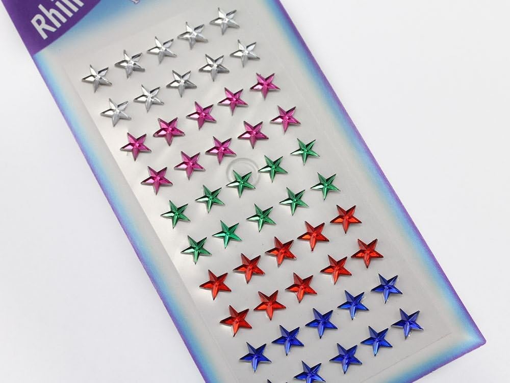 Self Adhesive Acrylic Rhinestones Plastic Face Gems Stick On Body Jewels for DIY Cards and Invitations Crafts Bling Sticker - 5 Sheets - 250PCS (8mm Assorted Colors Stars)