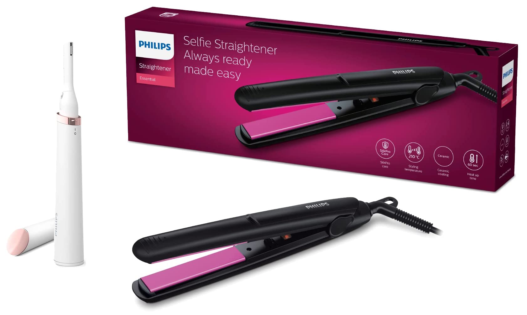 PHILIPS Touch-Up Hp6388 Eyebrows,Facial&Body Trimmer (White)&Hp8302 Selfie Straightener (Black), Unisex-image-0