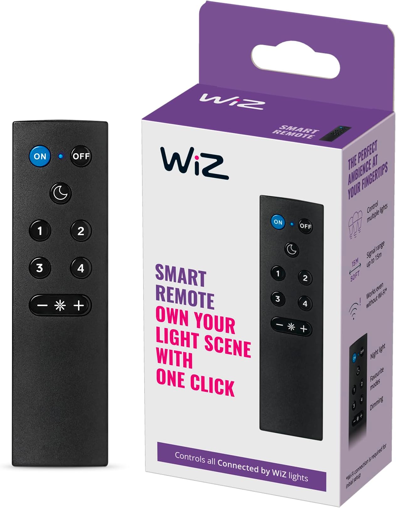 WiZmote - The Wireless Remote for Smart Connected WiFi Lighting. Easy Control for Home Indoor Lighting, Livingroom, Bedroom, Kitchen. Black