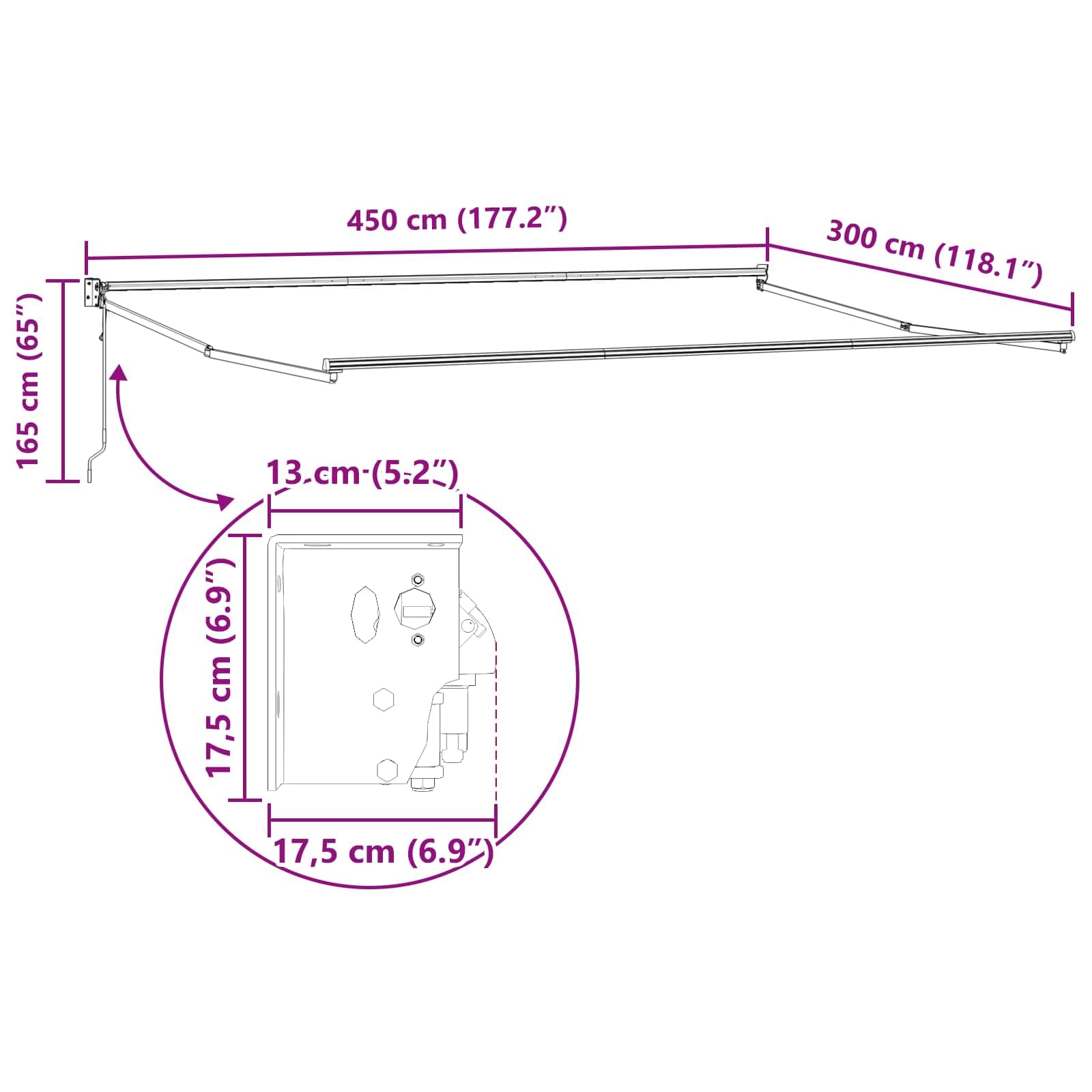 Wysuwana markiza czerwono-biała, 450 x 300 cm, z korbą i mocowaniem na ścianie, na balkon, taras, do ogrodu, na zewnątrz, ochrona przed słońcem, wodoszczelna, odporna na warunki atmosferyczne