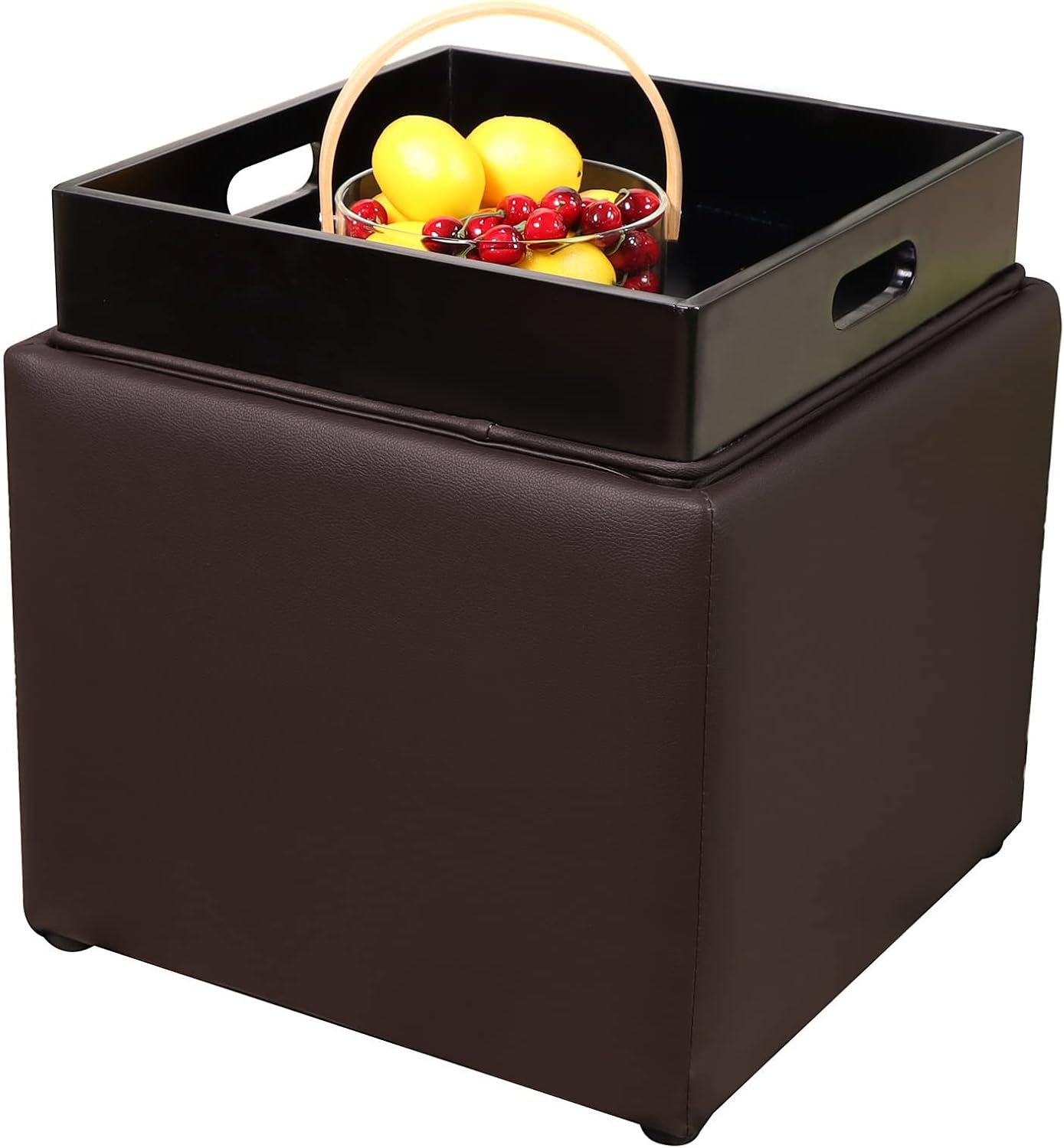 PRIVATE GARDEN Square Storage Ottoman with Tray, Faux Leather Upholstered Footrest Stool, Seat as Side Table Coffee Table for The Living Room, Bedroom, Contemporary (Black Brown/Dark Brown)
