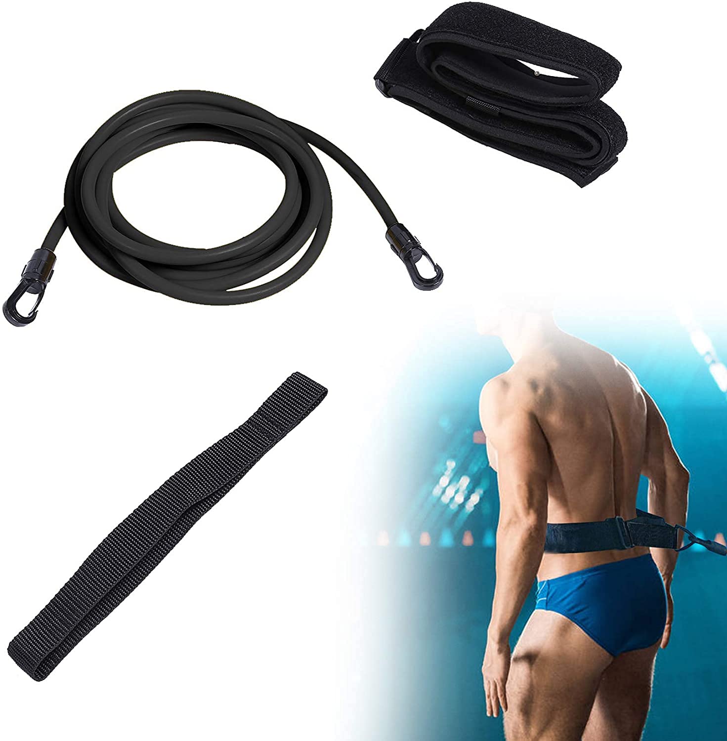 4M Swim Training Belts, Swim Training Leash with Elastic Tether, Swim Bungee Cords Resistance Bands Swim Harness Static Swimming Belt, Black Swim Resistance Tether for Adults Kids Children