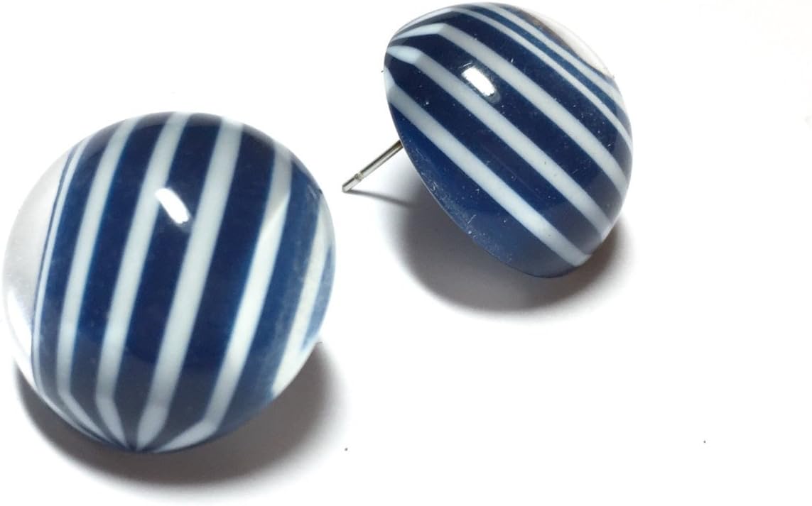 Blue Stud Earrings | Navy Blue Striped Retro Button Studs Earrings | nautical preppy vintage lucite posts