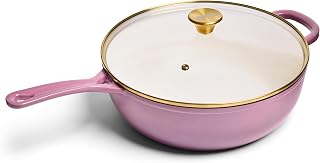 Chef Joe Sasto Chef’s Pan with Tempered Glass Lid, Deep Saute Pan, Enameled Cast Iron, Professional Cookware for Searing, Sautéing & Braising, Induction Compatible, Oven Safe, Dishwasher Safe