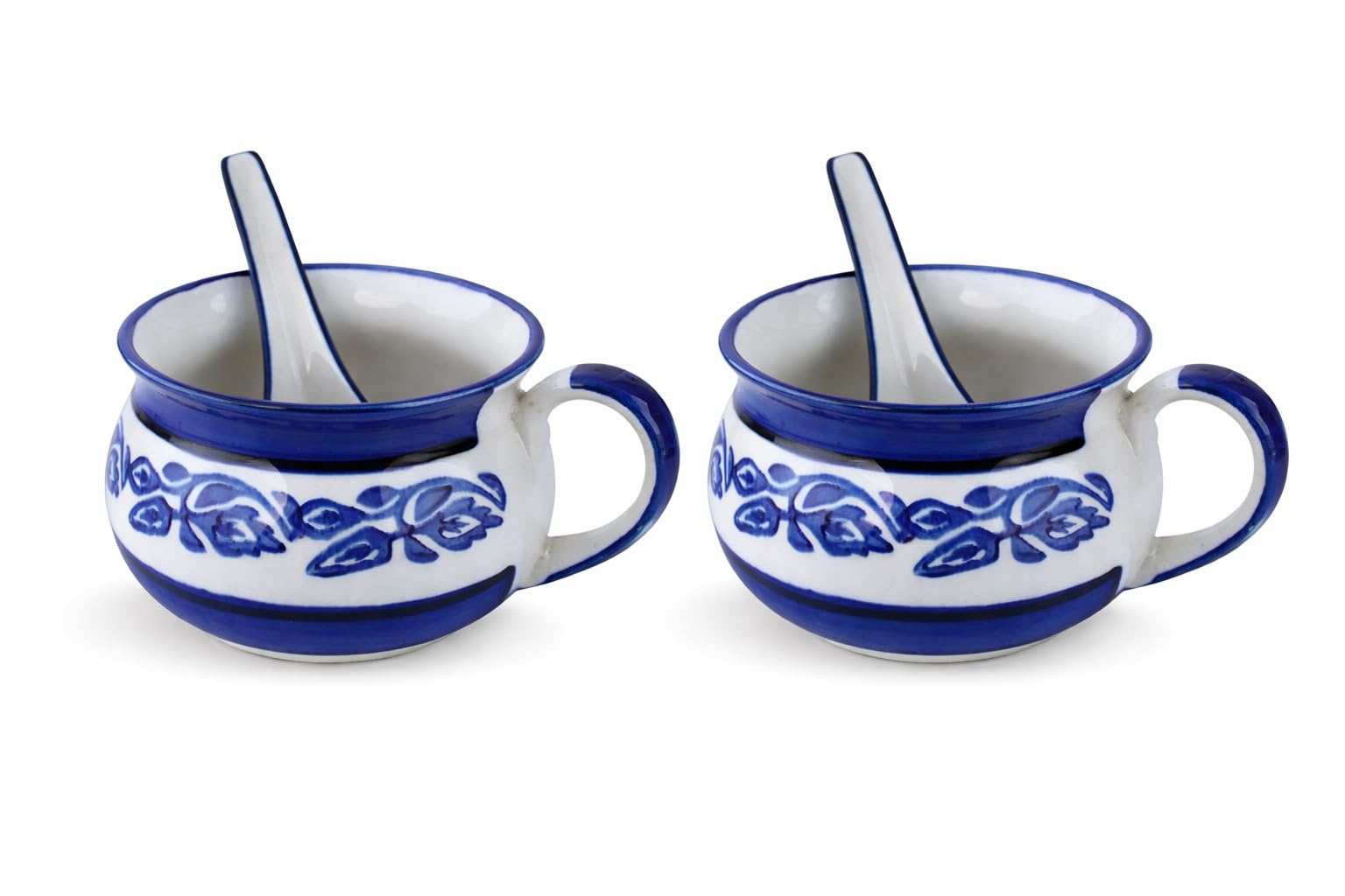Blue Printed Ceramic Soup Bowl 400ml Set of 2 with Handle and Spoon for Serving Soupe, vegitable, (Blue Printed)