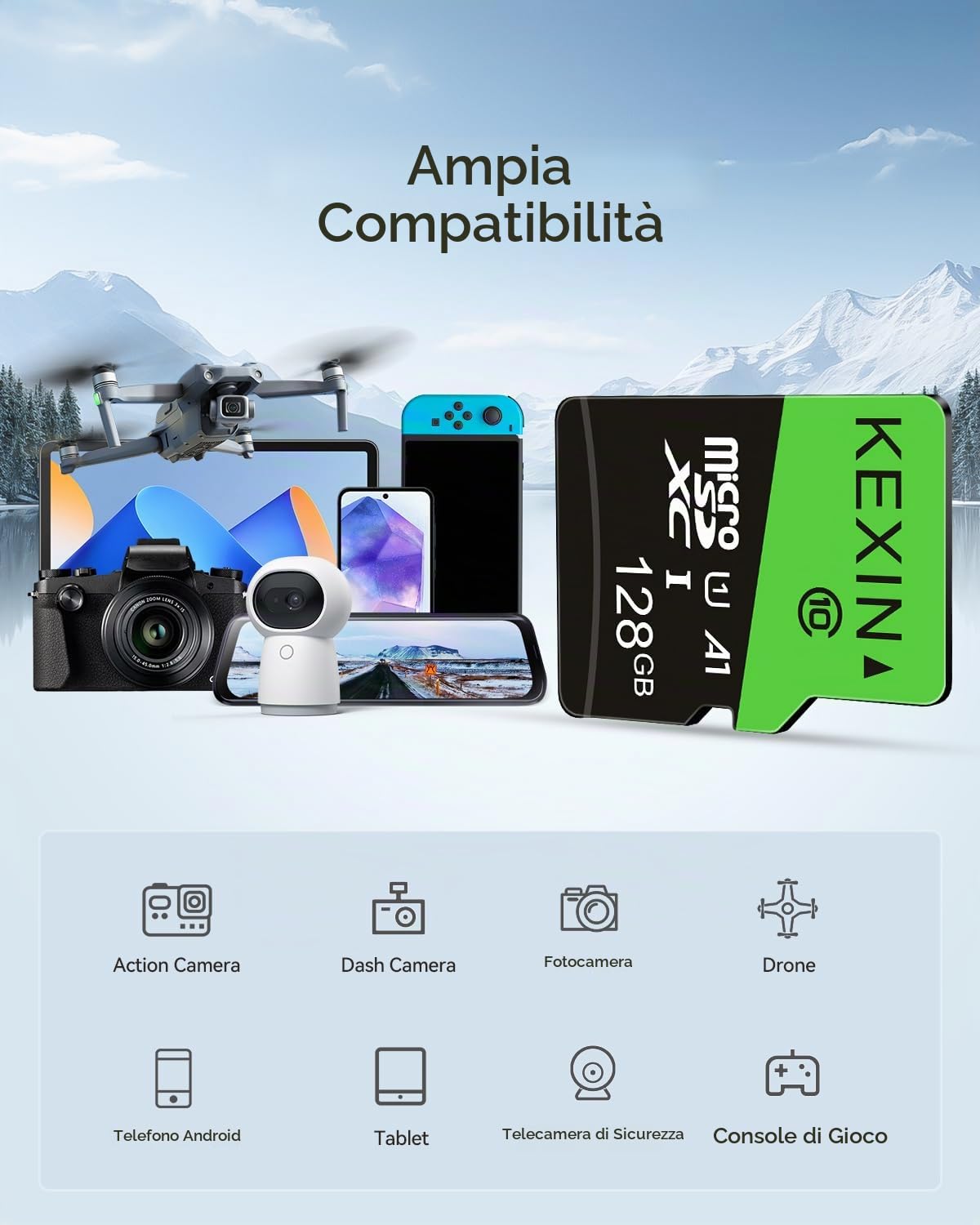 KEXIN Micro SD 128GB 3 Pezzi, Scheda Micro SD 128 GB, Scheda di Memoria microSDXC con Adattatore SD, A1, U3, C10, V30, Micro SD Card Confezione da 3