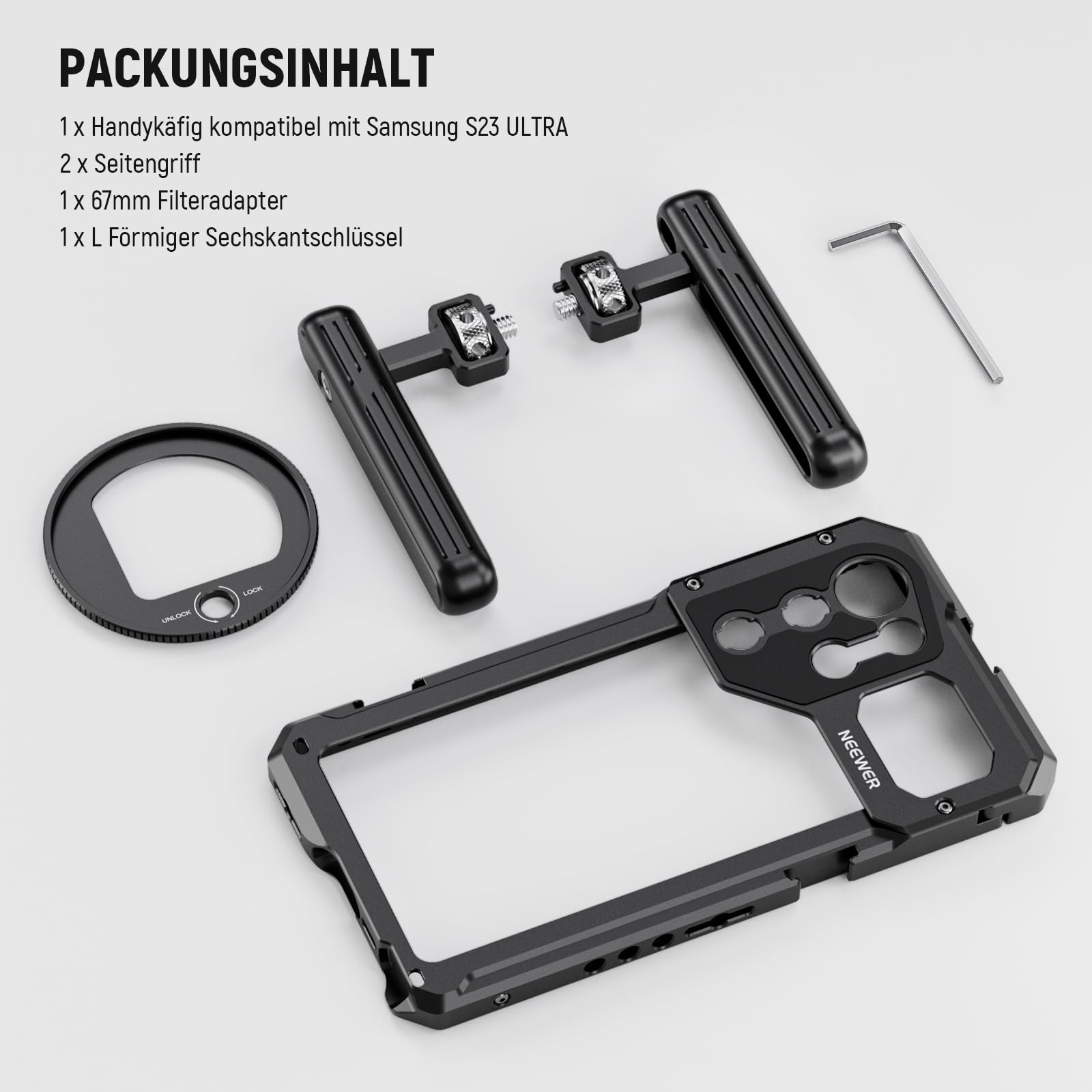 NEEWER S23 Ultra Phone Käfig Cage Video Rig Kit kompatibel mit Samsung S23 Ultra mit Zwei seitlichen Griffen, 67mm Objektivfilter Gewindeadapter, Ganzmetall Handy Stabilisator für Filmen, PA021