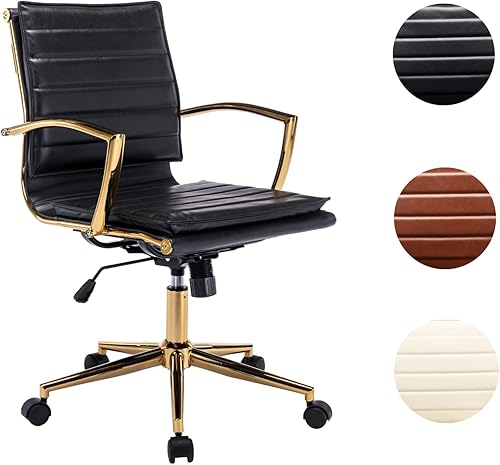 CIMOTA Silla de oficina de cuero negro, cómoda silla de escritorio de oficina con ruedas y brazos, marco dorado, moderna silla ergonómica para