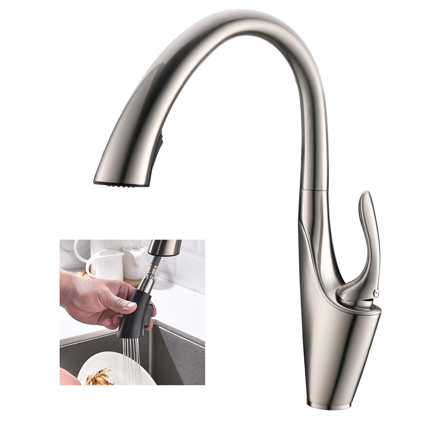 ZQFHSX Modern Pull Down Kitchen Faucet High Arc Mixer Tap in Brushed Nickel Single Handle Brass Sink with Out Sprayer for Easy Use