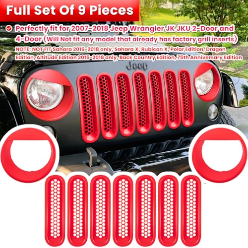 Image of Front Grille Mesh Inserts & Headlight Cover for Jeep Wrangler JK JKU Sport Freedom Rubicon Sahara Unlimited 2007-2018 Exterior Accessories Clip-in Grille Guard Headlight Bezels Trim (Matte Red)