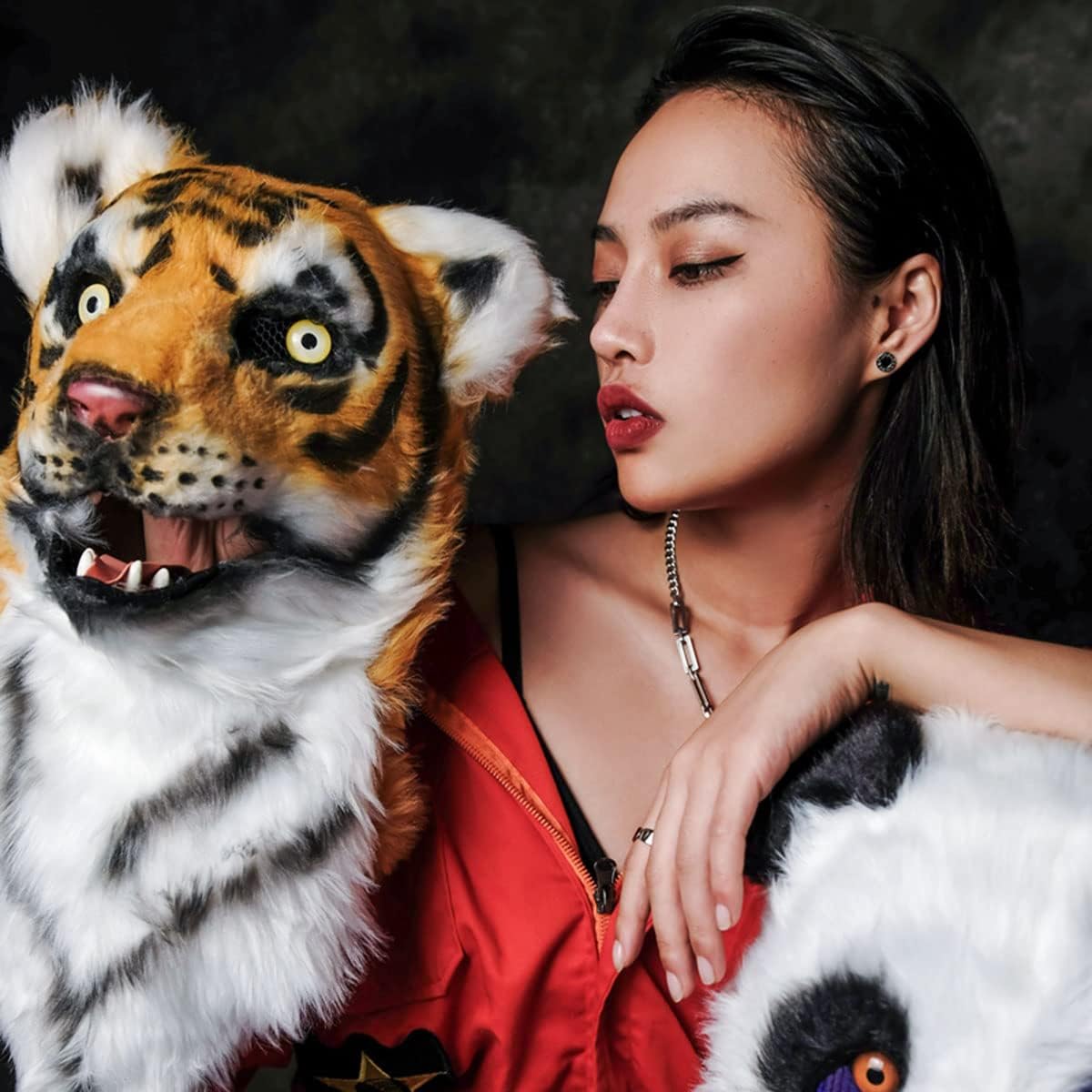 Realistic Premium King Tiger Head Mask Mover Jaw Animal Cosplay Hat for Halloween Christmas Party Costume