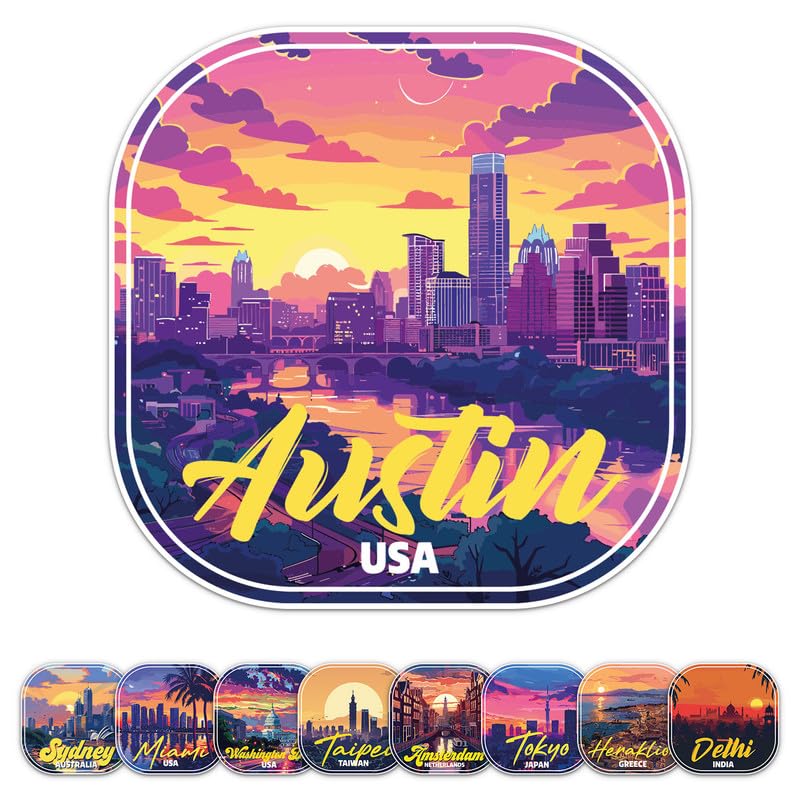 Sunset USA Austin City Sticker - Waterproof Vinyl Decal for Car Bumper, Laptop, Water Bottle, Luggage, Wall, Window, Sticker Size - 5'' Longer Side