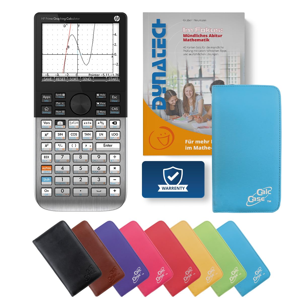 HP Prime CAS Grafikrechner Taschenrechner – leistungsstarker CAS Taschenrechner mit Touchdisplay für Schule & Studium, inkl. Abitur Buch & Schutztasche (Hellblau)