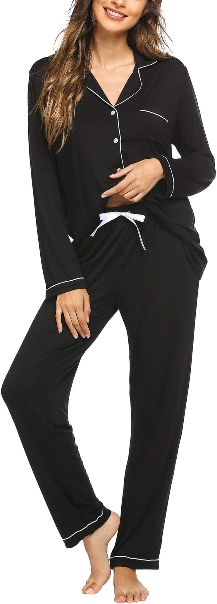 Women's Long Sleeve Button Down Pajamas Jersey Two Piece Pjs Pants Set Lightweight Soft Sleepwear (S-XXL)
