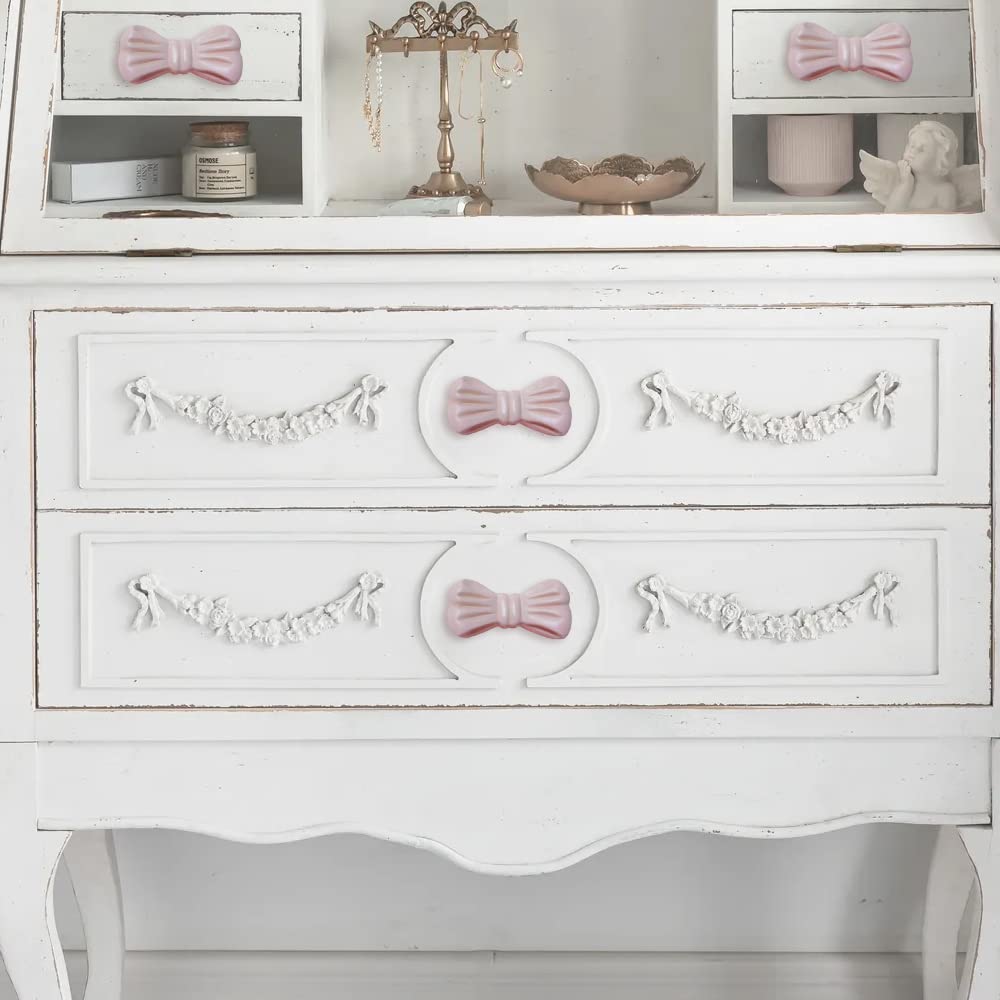 BOOMLATU Pink Bow Cabinets Knobs Cupboard Pulls Dresser Drawer Pack of 2,Wood Decorative Cabinet Handles for Kitchen Furniture Kids Girl Women Room