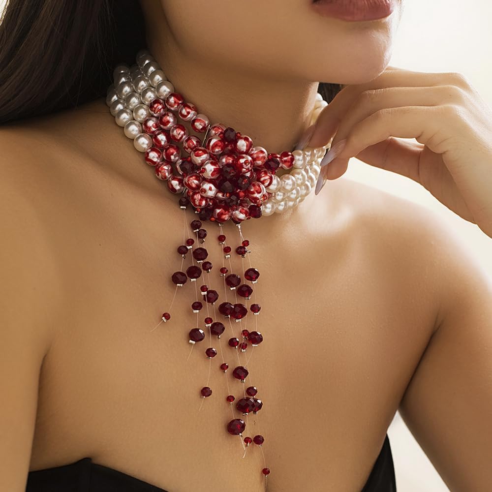 Jumwrit Vintage Layered Pearl Choker Necklace Dainty Chunky Chain Multi Strand Pearl Beaded Necklace Boho Rhinestone Tassel Pendant 4 Tier Halloween Vampire Necklace Statement Accessories for Women - Image 2
