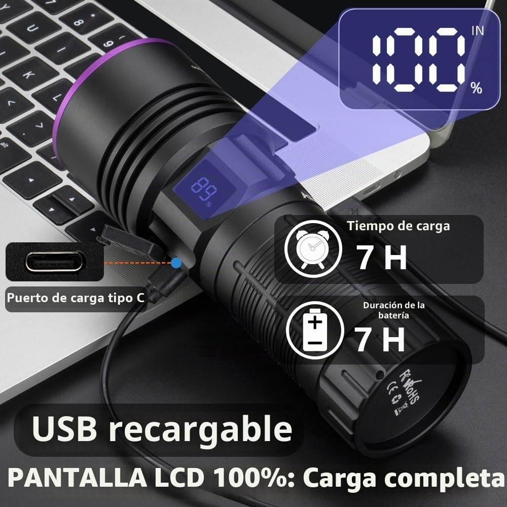 Alonefire SV119 Linterna UV 90W 365nm Profesional Recargable USB C Potente Pantalla Digital Luz Negra para Resina, Pesca, Escorpión, Minerales, Pegamento, Ámbar con Gafas Protectoras UV, Batería
