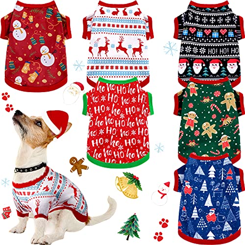 6 Pieces Christmas Dog Clothes Pet Shirts Breathable Puppy Vest Printed Christmas Snowman Reindeer Santa Claus Dog Shirts for Soft Outfit Dogs and Cats (S (3.3lbs-5.5lbs))