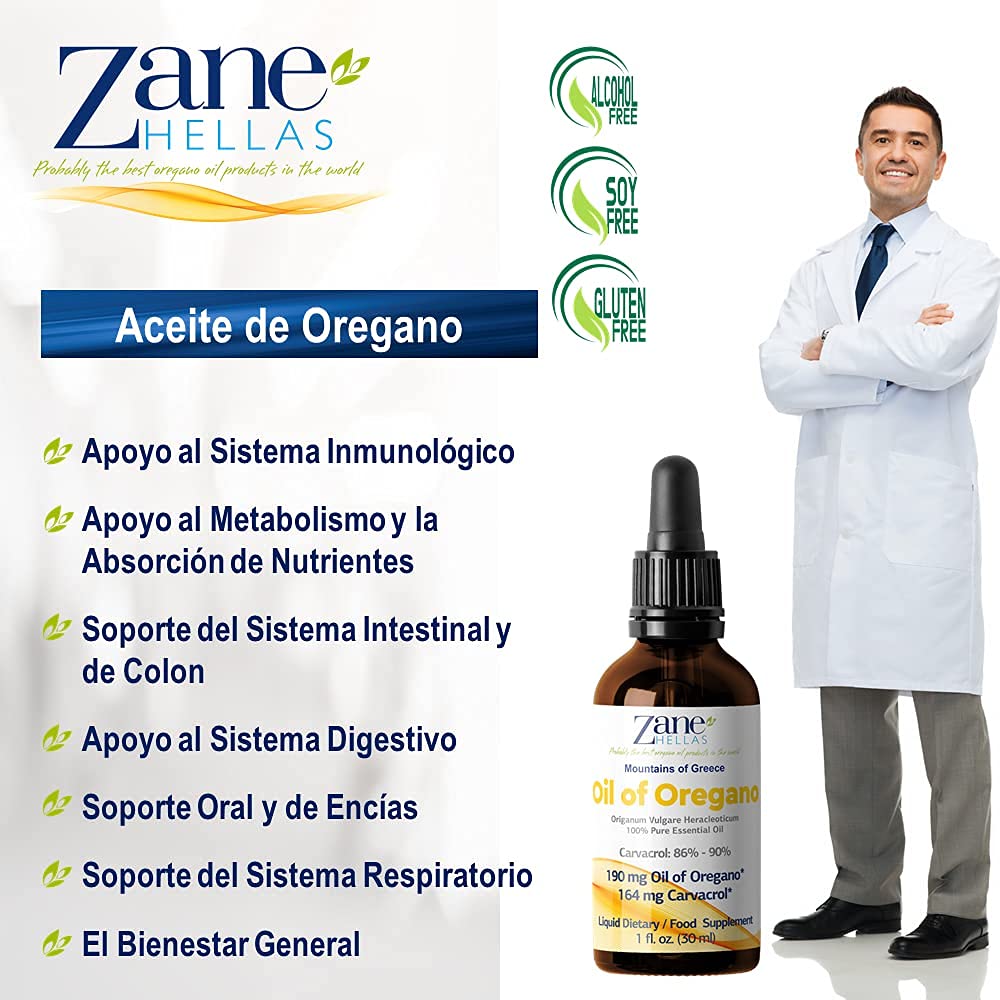 Zane Hellas 100% Aceite de orégano sin diluir - 86% Min Carvacrol. 164 mg de Carvacrol por porción. Probablemente el Mejor Aceite de orégano del Mundo. 60 ml.