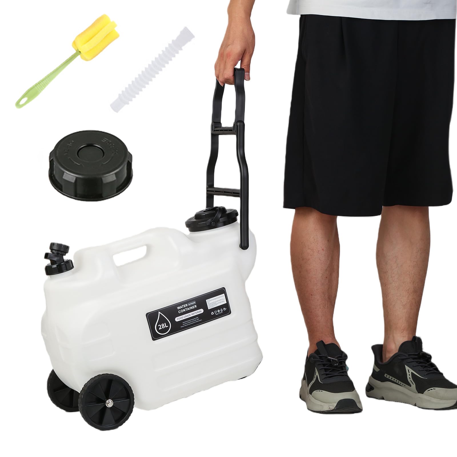 Depósito de agua multifunción con ruedas de 7,4 galones (28 l), dispensador de agua, transportador, almacenamiento de emergencia para vehículo, coche, al aire libre, senderismo