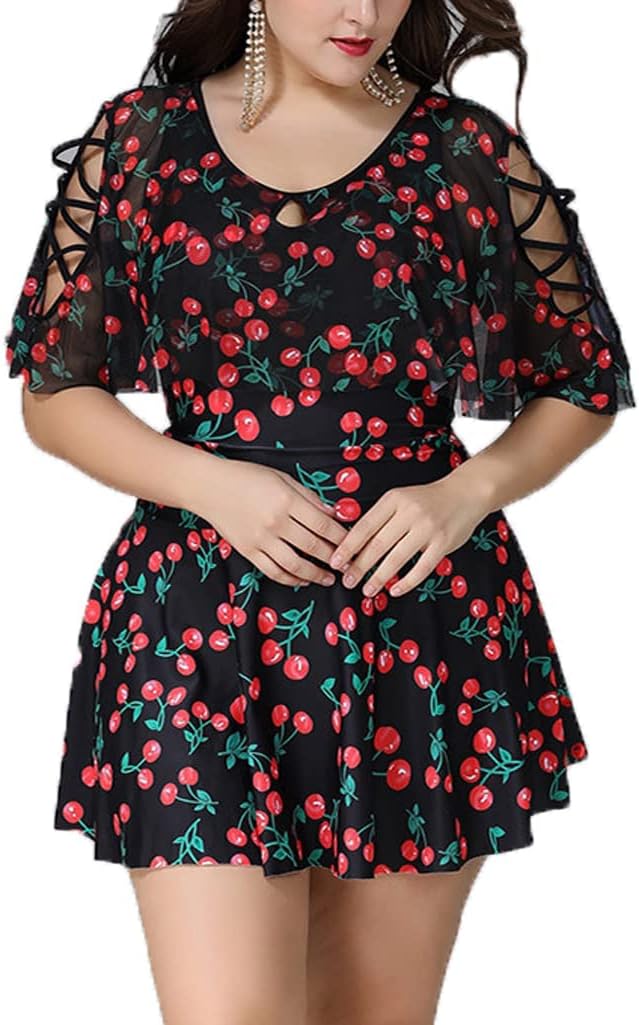 Wellwits Women's Plus Size Crisscross Flutter Sleeves Cherry Print Swimdress