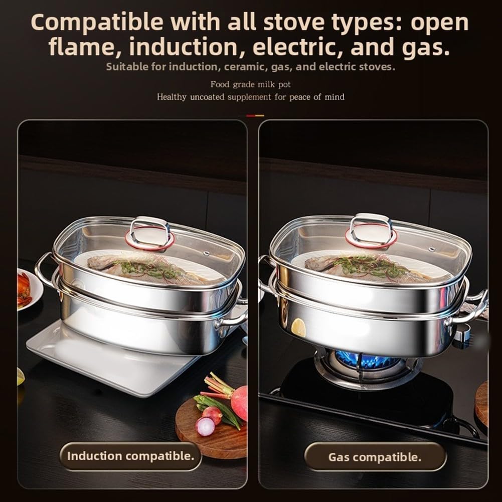 Tegame Ovale per Cottura a Vapore di Pesce Intero in Acciaio 304 - Set Completo con Griglia Guanti e Pinze 42x26cm