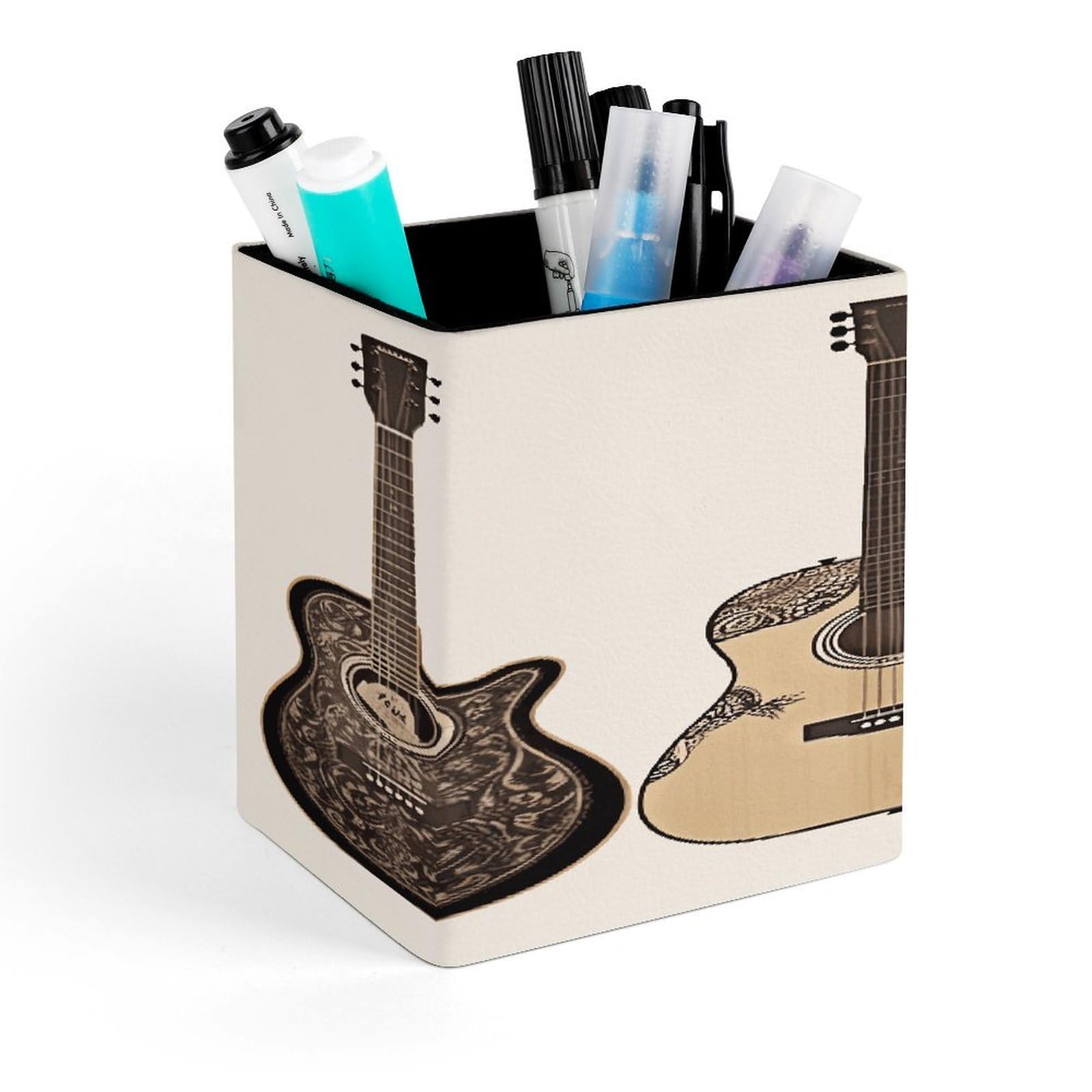 FekiLoot Guitar Pencil Holder for Desk Square Leather Pen Holder Cup Desktop Organizer Multi-Functional Pencil Cup Holders Modern Decorative Desk Organizer Caddy Makeup Brush Holders