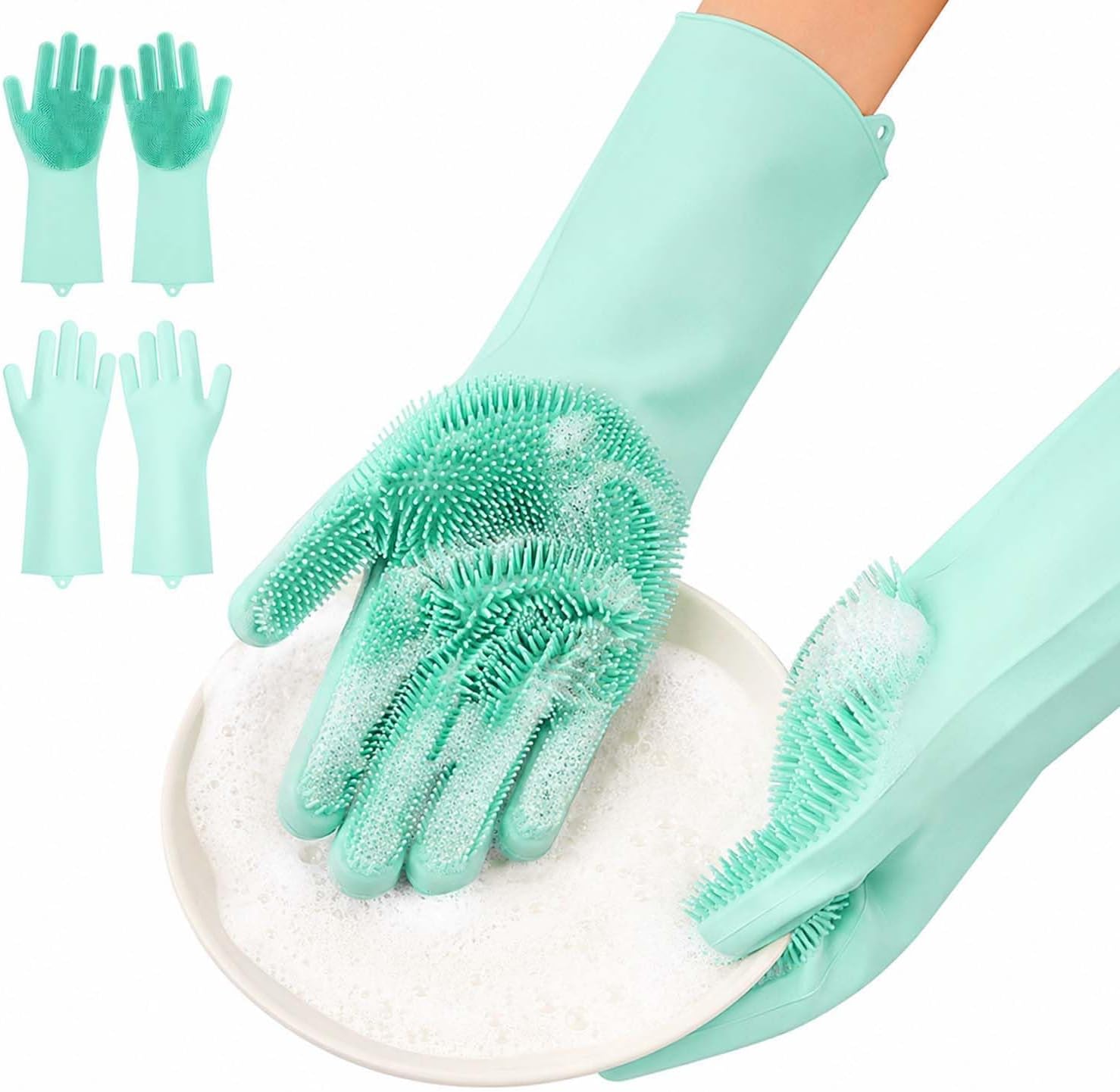Zureni Silicone Gloves Reusable Rubber Dishwashing Kitchen Scrubber for Pet Grooming Washing Dishes Bathroom Car - (2 Pair, Multicolour)