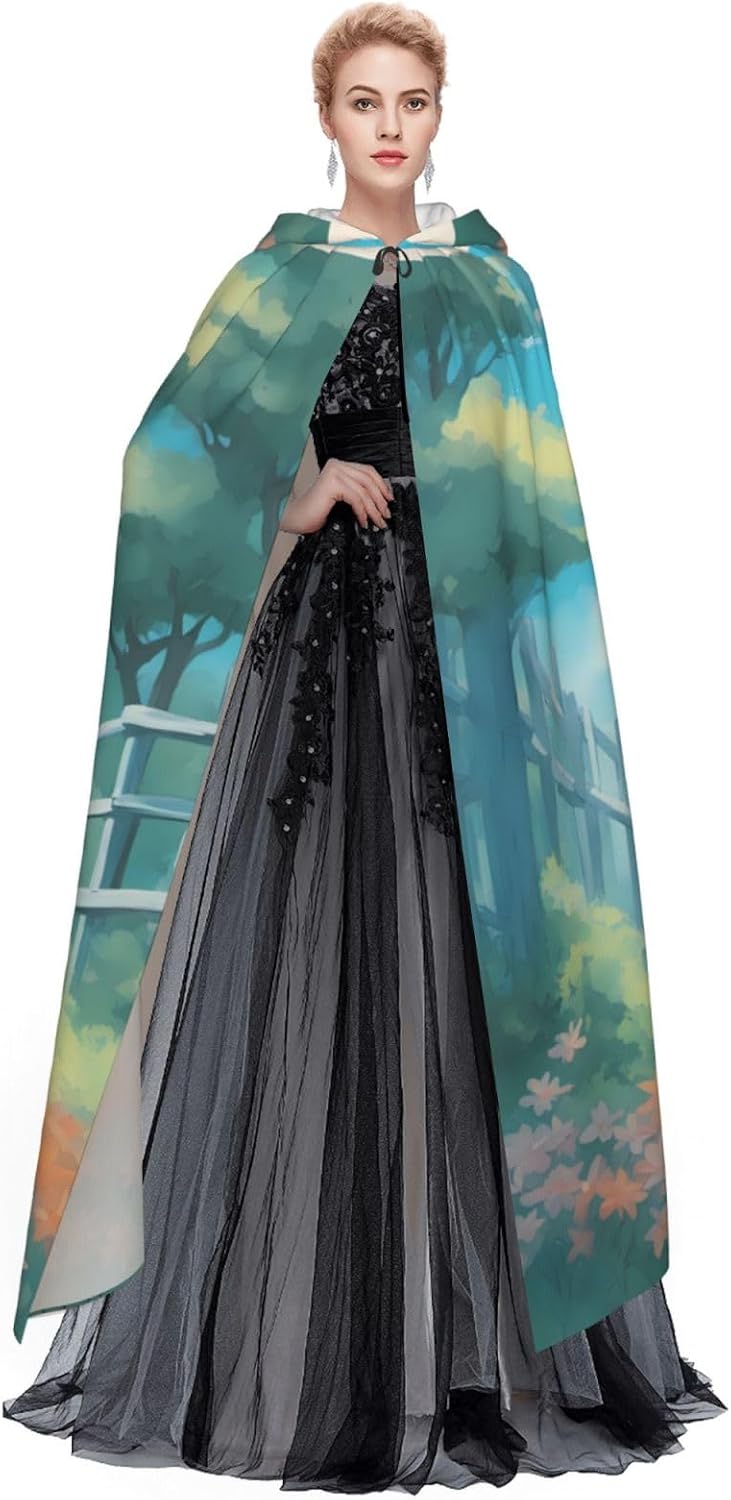 Unisex Full Length Hooded Halloween Christmas Party Robe Cloak Cape Cosplay Costume Men Women A Cartoon Deer Prints Black
