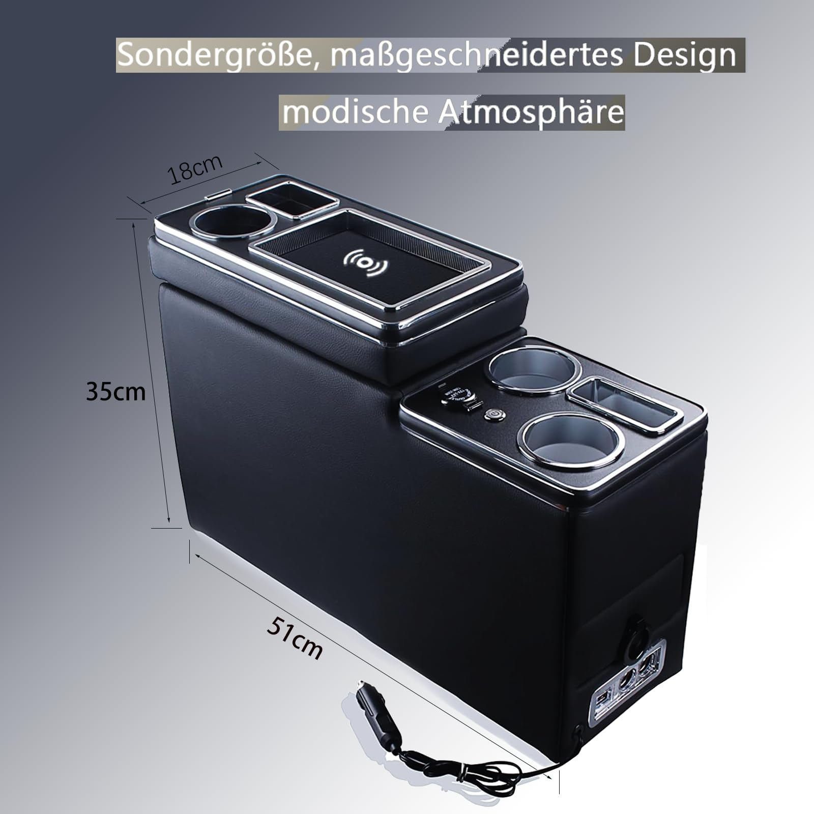 JINBZZON Middenconsole met 7 kleuren ledlampen en USB-laadstation, compatibel met VW T4, T5, T6, T7, T6.1, 2003-2019, acrylplaat, armleuning, opbergdoos, glanzend leer, accessoires, zwart