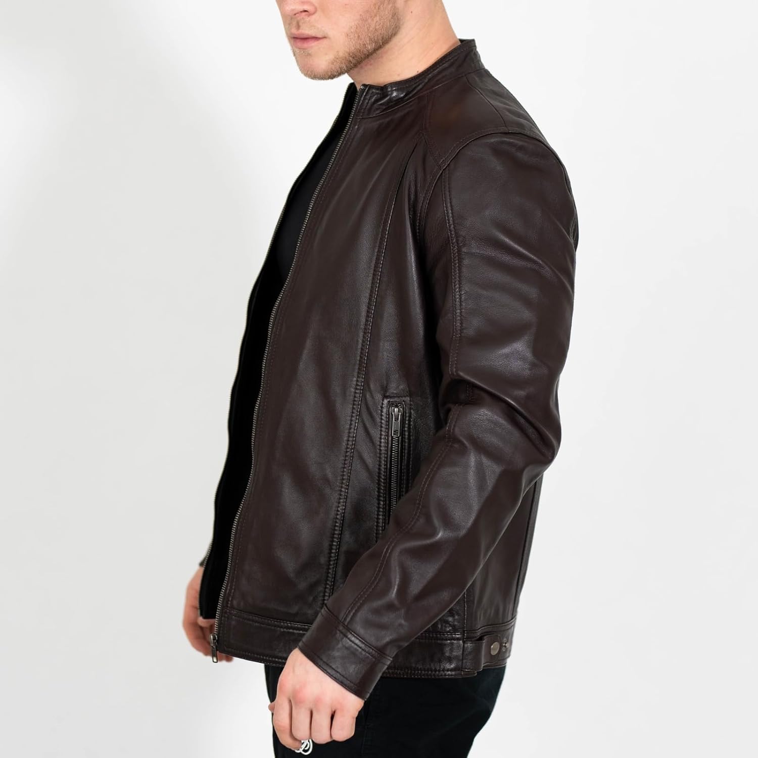 BRICK LANE Stand Collar Leather Jacket for Men | Timeless Design - Genuine Lamb Nappa Leather Cafe Racer Jacket - Image 3