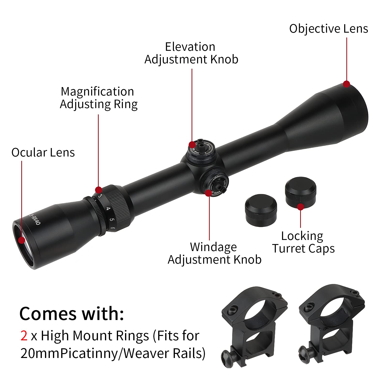 Mirino Telescopico ZOS 4-16x40 AO, Per Carabine Ad Aria Compressa E Soft Air, Con Attacco 11/22 Mm, Corpo In Alluminio