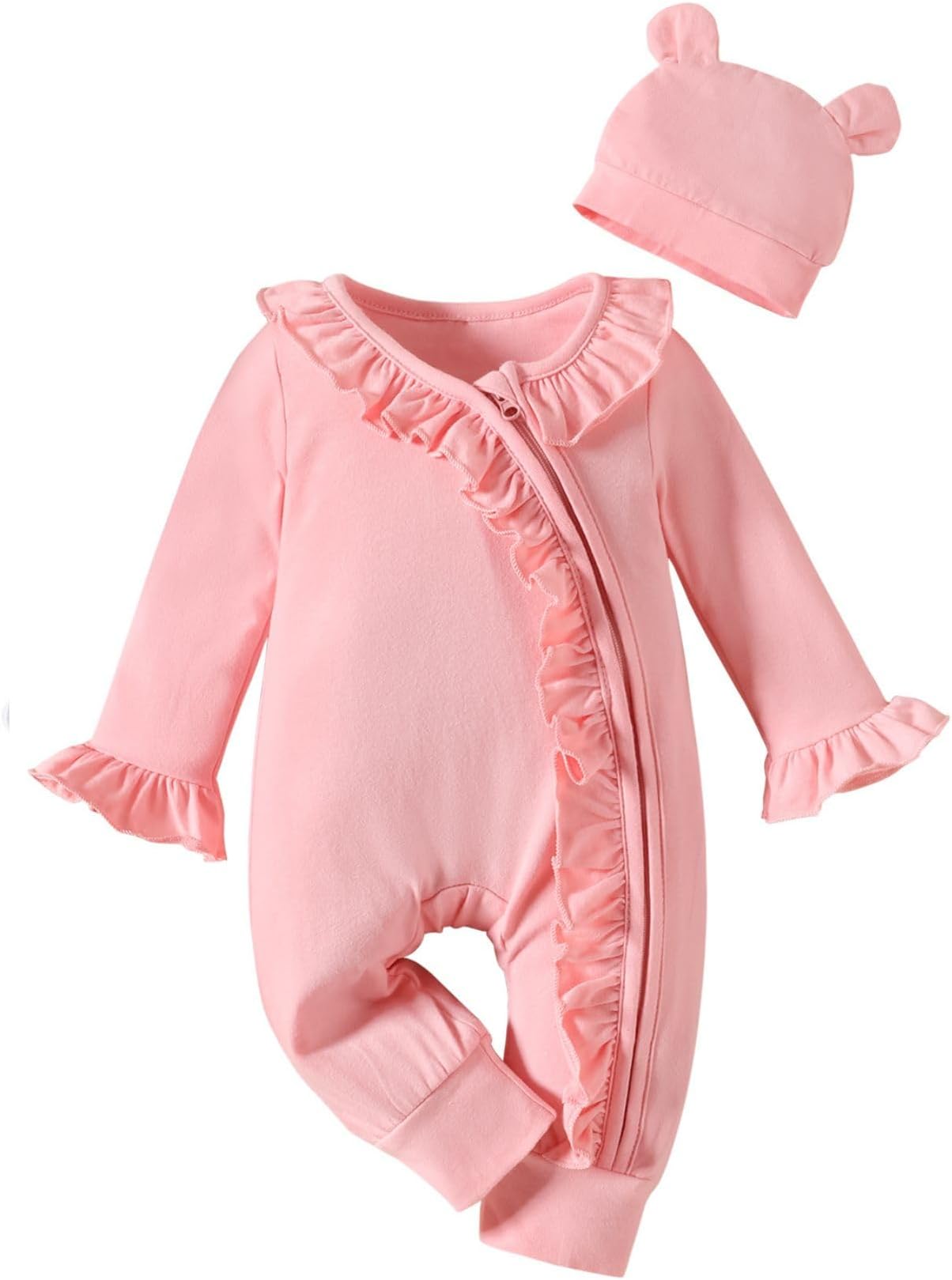 KionioNewborn Girl Clothes Outfit Baby Girls One-Piece Romper with Zipper Long Sleeve Ruffle Jumpsuit Bear Hat Clothes Set
