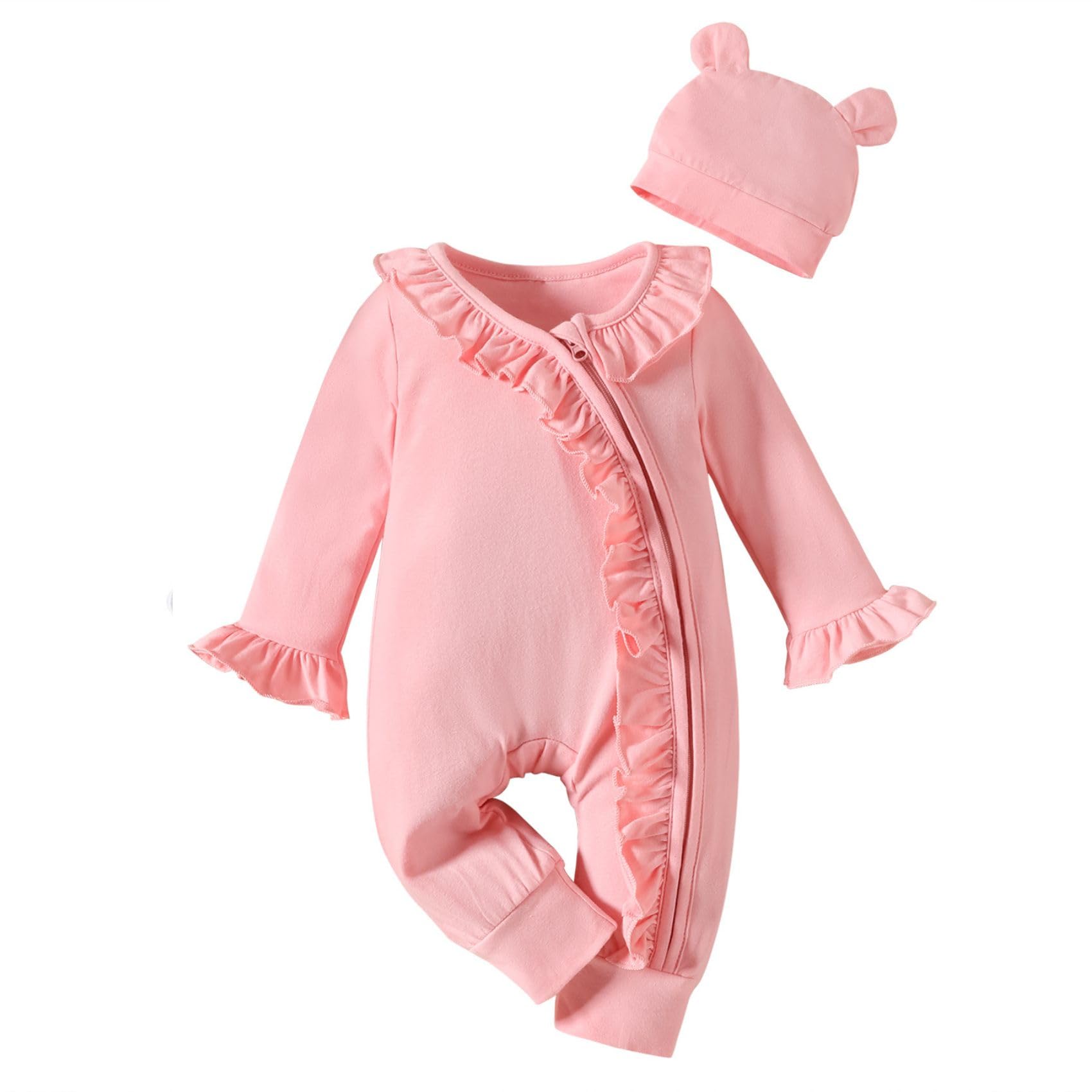 KionioNewborn Girl Clothes Outfit Baby Girls One-Piece Romper with Zipper Long Sleeve Ruffle Jumpsuit Bear Hat Clothes Set