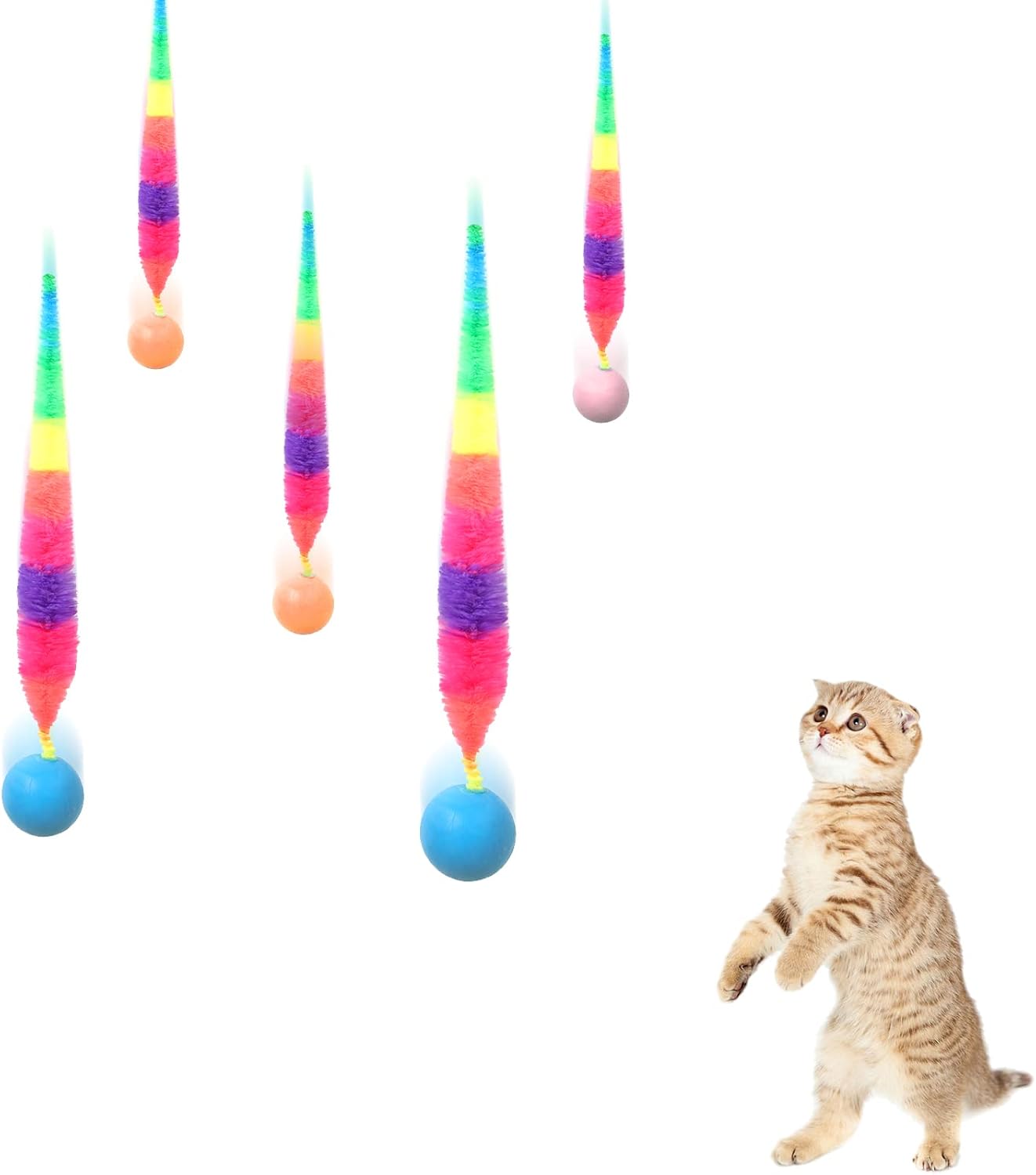 SHENGSEN Bouncy Tails Cat Toys5 Packs,Rainbow Small Magic Worm with Ball Toy for