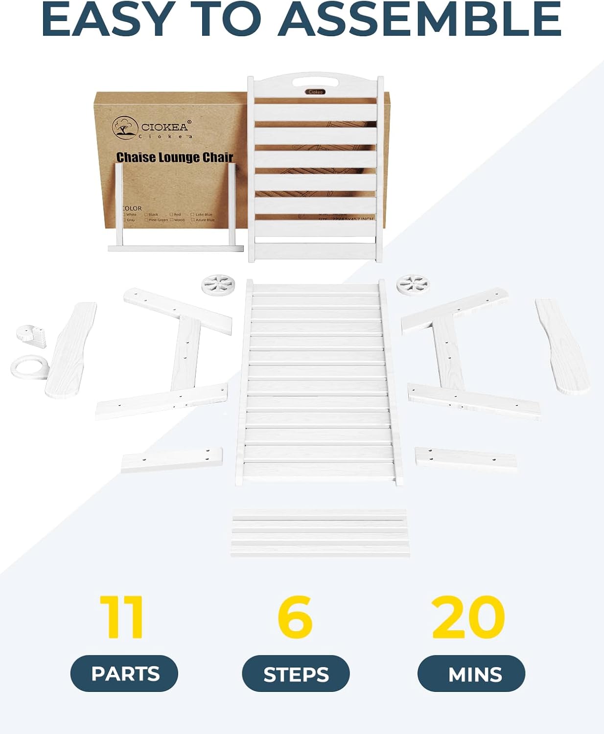 Ciokea Lounge Chair Outdoor, Oversized Chaise Lounge Chair with 5 Positions, HDPE, Patio Lounge Chair with Wheels & Cup Holder for Pool, Deck, Poolside, White