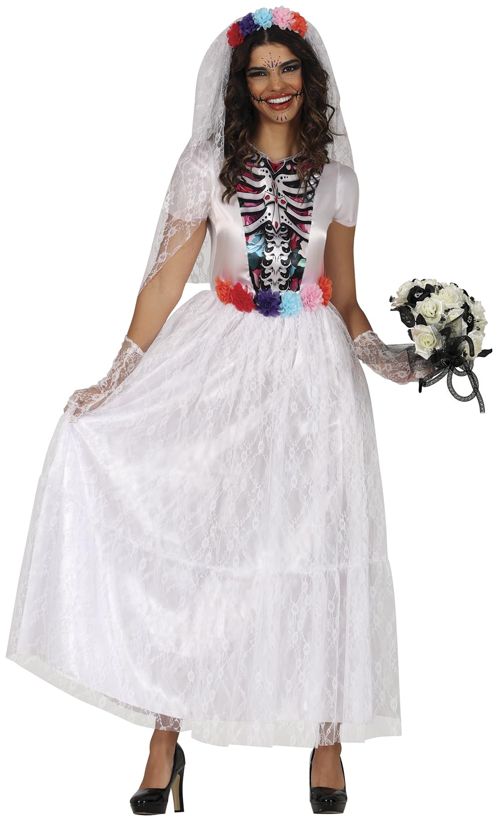 FIESTAS GUIRCA | Catrina Bride Fancy Dress Costume Adult (10-12/M) - Dress and Headband - Skeleton Bride Costumes for Halloween, Day of the Dead and Parties - Ideal for Women - White